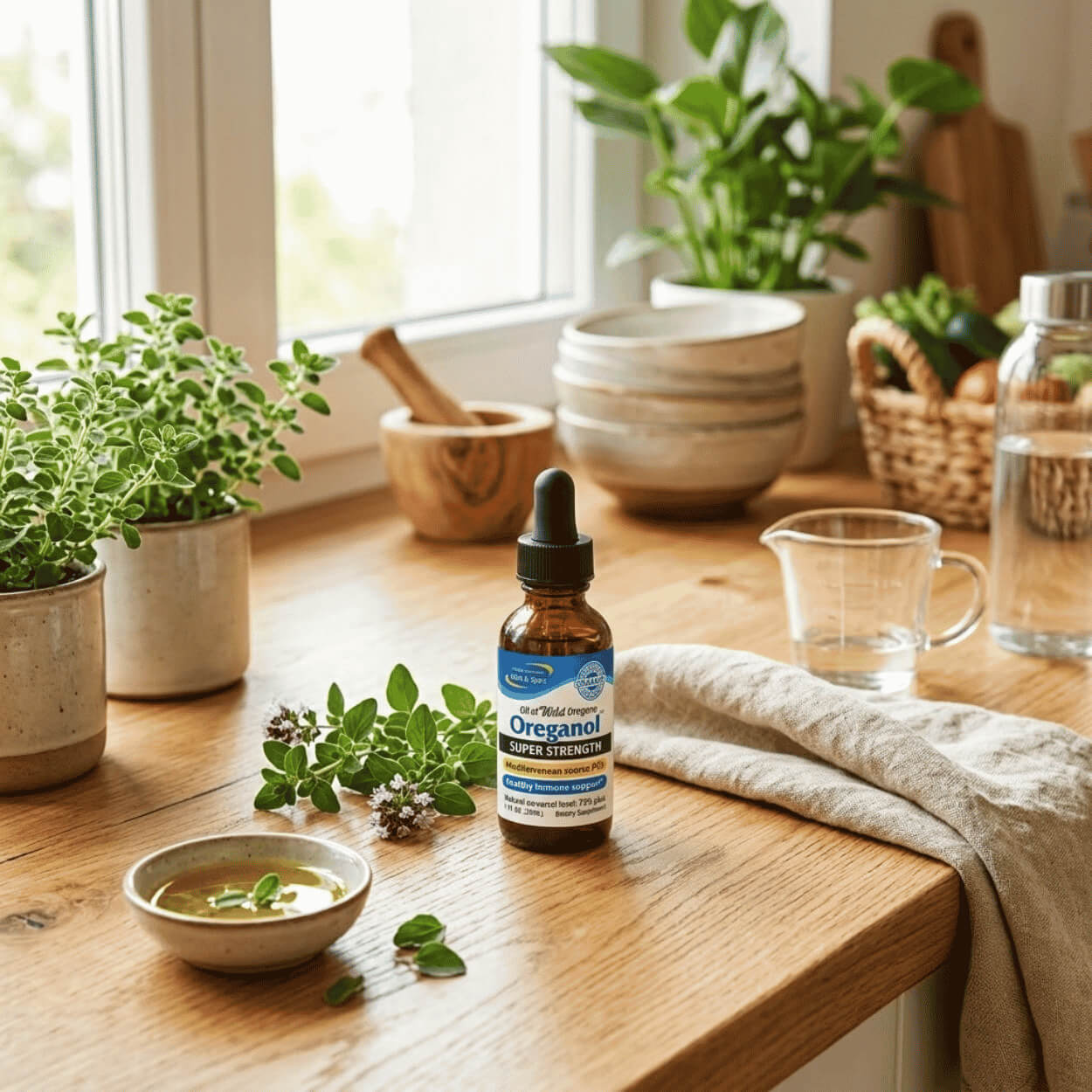Na obrázku je lahvička Super Strength Oreganol P73 od North American Herb & Spice v přírodním prostředí vedle čerstvého oregana, olivového oleje a kapátka.